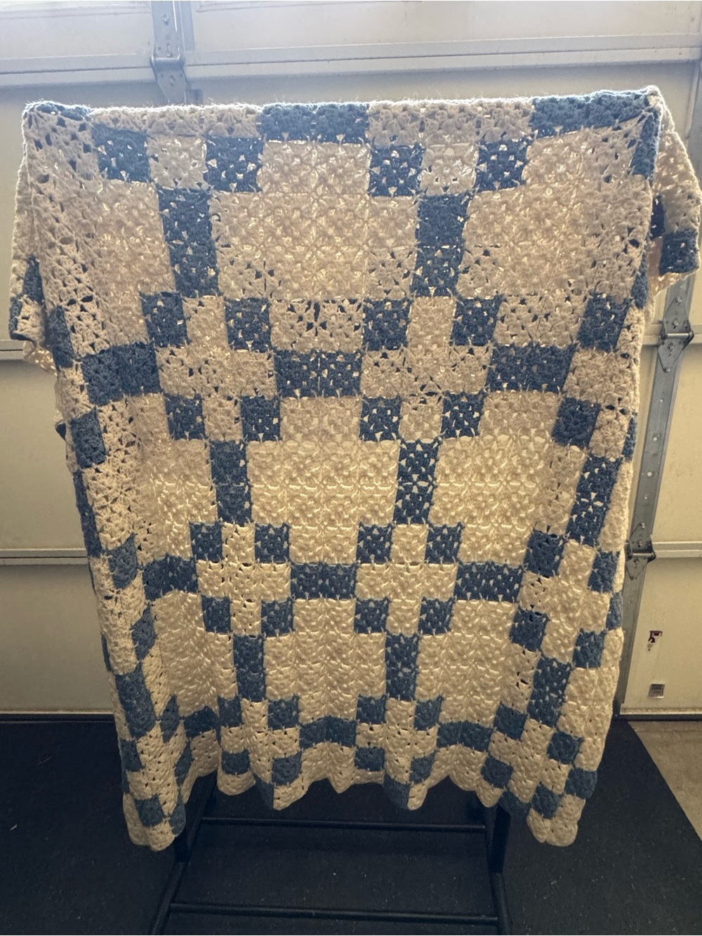 Handmade Cream and Blue Crochet Throw Blanket